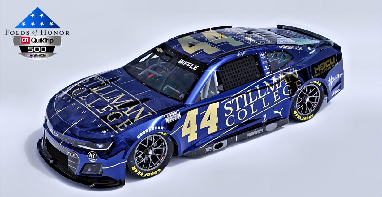A race car featuring Stillman College's logo is promoted