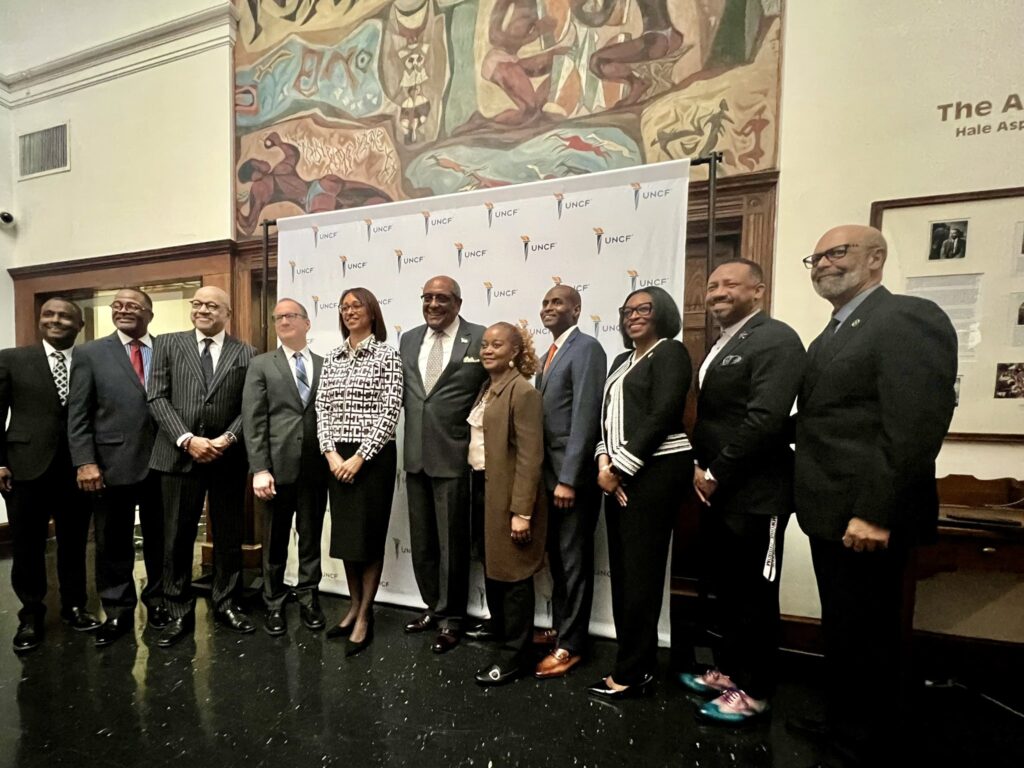 President Page with officials at the UNCF announcement of a $100 million unrestricted grant.